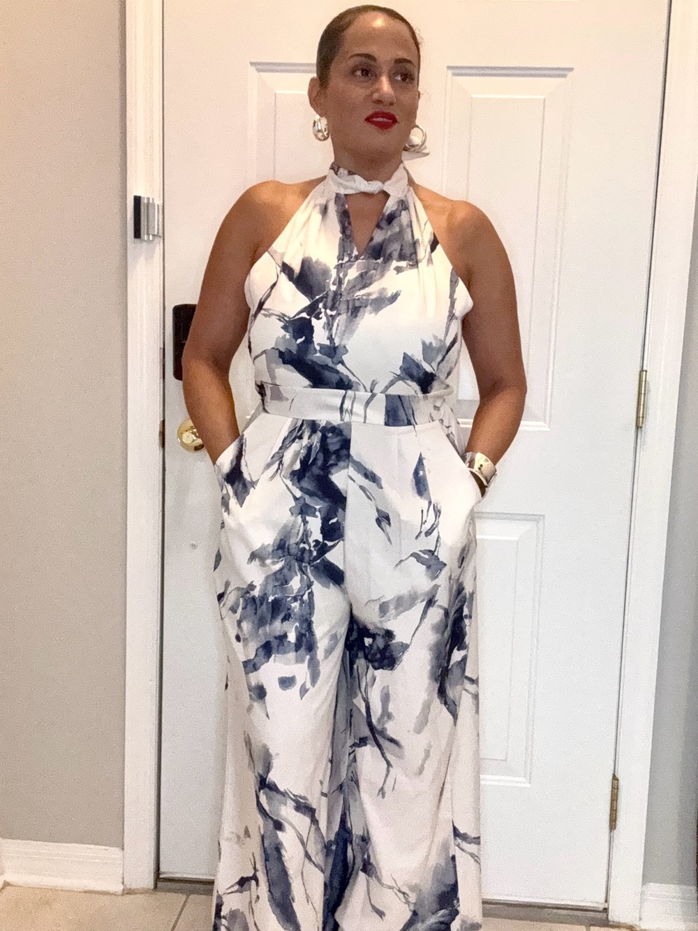 Halter-Neck Wide-Leg Jumpsuit in White & Navy